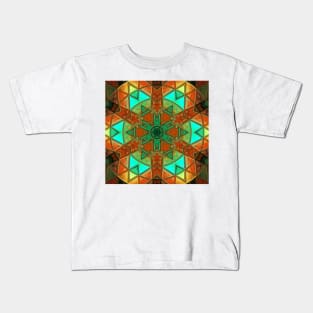 Mosaic Kaleidoscope Flower Orange and Teal Kids T-Shirt